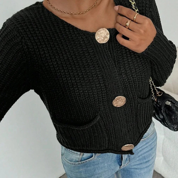 Black Casual Women's Crew Neck Front Button Up Long Sleeve Cardigan - Picture 3 of 5